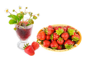 Ripe strawberries in a basket and berry juice in a glass isolated on white. Collage. Free space for...