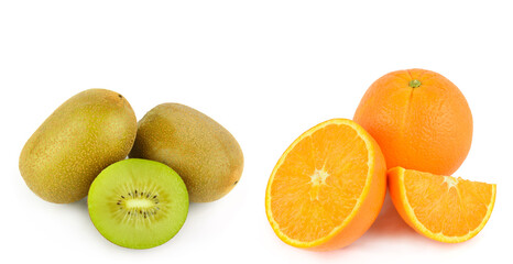 Kiwi and orange fruits isolated on white. Collage. Wide photo. Free space for text. - Powered by Adobe