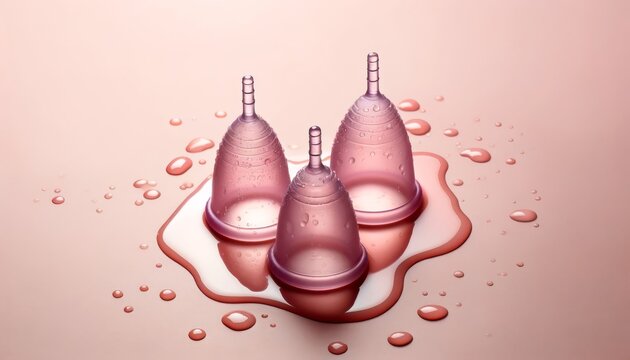 Artistic Composition of Three Glistening Pink Menstrual Cups on Light Pink Canvas