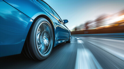 Rear view of blue Business car on high speed in turn. Blue car rushing along a high-speed highway, fast blur background