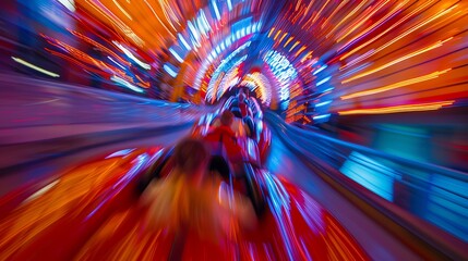 Motion-blurred view of a thrilling roller coaster drop.