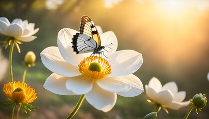 Fototapeta premium a white anemone flower with vibrant yellow stamens, accompanied by a butterfly resting gracefully on a petal