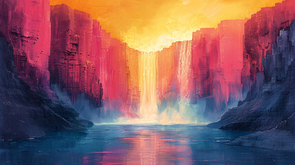 Vibrant Cliffs and Waterfall Under Radiant Sky - Stunning Digital Painting of Colorful, Majestic Landscape with Surreal, Otherworldly Atmosphere