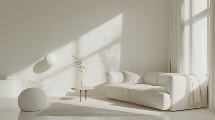 Step into the serene ambiance of a minimalist interior in a modern living room, captured in stunning 3D rendering.