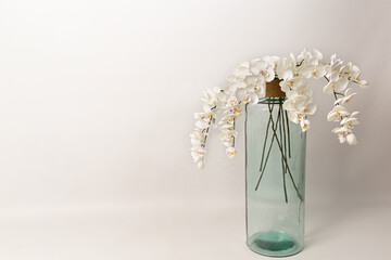 Florero grande de cristal con ramo de orquídeas blancas.