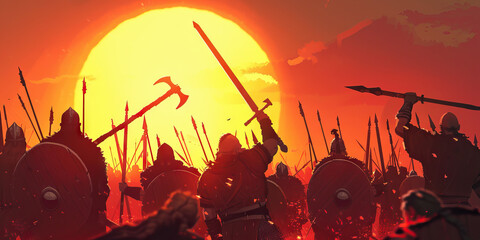A group of Viking warriors, raising their weapons in defiance against the setting sun.