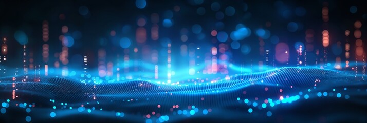 Obraz premium Abstract blue technology background with glowing data streams and bokeh lights, representing digital communication and connectivity.