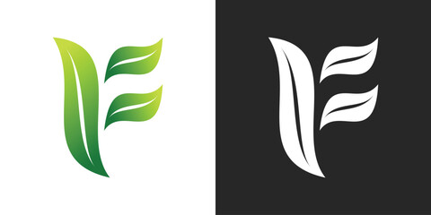 Letter F logo design with leaves creative concept. Premium Vector