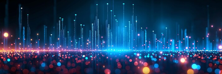 Abstract digital landscape with glowing dots and lines representing data flow and information network, set against a dark background.