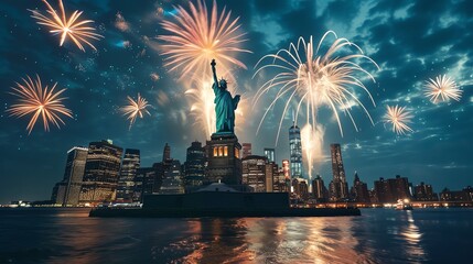 Statue of Liberty with fireworks display over New York City skyline.