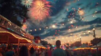 A crowd gathers at a carnival with fireworks exploding in the night sky.