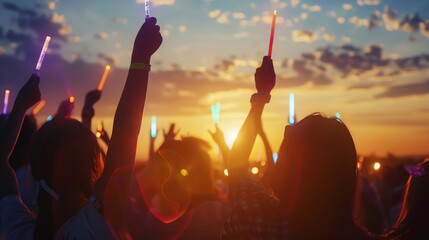 Silhouettes of people at a music festival, holding glow sticks in the air during a sunset.