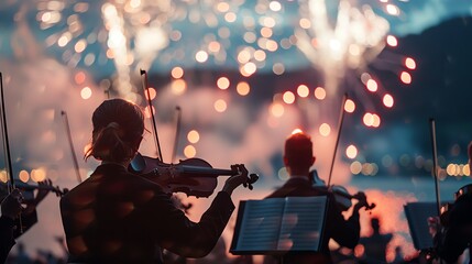 Silhouettes of musicians playing violins during a fireworks display.