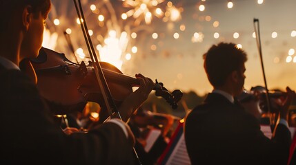 Fototapeta premium Silhouettes of violinists playing during a fireworks display.