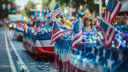 Obraz premium A festive parade with people waving American flags and decorated floats.