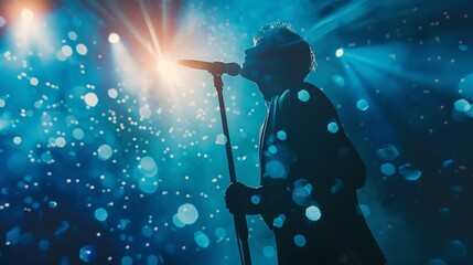Naklejka premium Silhouette of a male singer performing on stage with bright lights and bokeh.