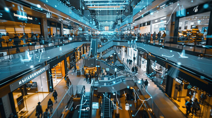 Fototapeta premium A crowded mall with people walking around and shopping