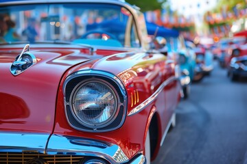 Classic cars decorated with red, white, and blue in a parade on United States Independence Day, focus on, nostalgic theme, ethereal, blend mode, town square backdrop