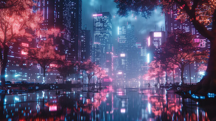 Obraz premium A cityscape with neon lights and a reflection of the city in a body of water