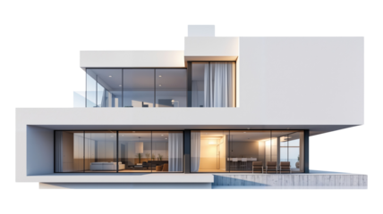 Modern house with big glass windows png, isolated on white on transparent background, simple minimalist home hd
