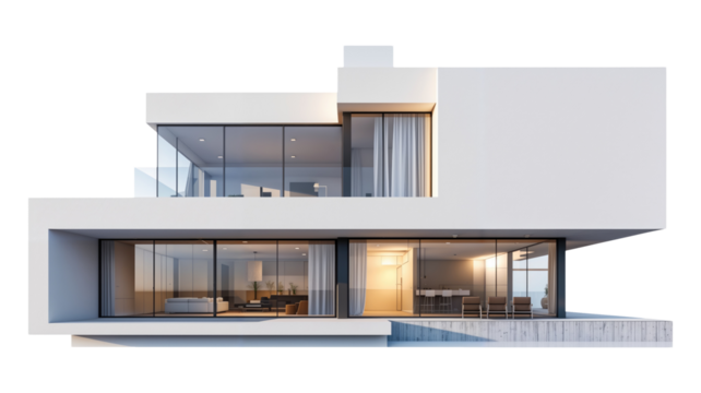 Modern house with big glass windows png, isolated on white on transparent background, simple minimalist home hd