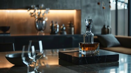 A modern setup with a campaign bottle and glass on a sleek black table, highlighted by subtle lighting, conveying sophistication and style in every pour.