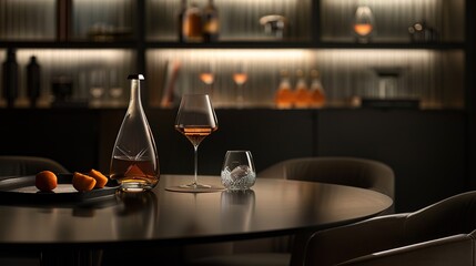 A modern setup with a campaign bottle and glass on a sleek black table, highlighted by subtle lighting, conveying sophistication and style in every pour.
