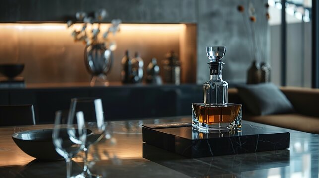 A modern setup with a campaign bottle and glass on a sleek black table, highlighted by subtle lighting, conveying sophistication and style in every pour.