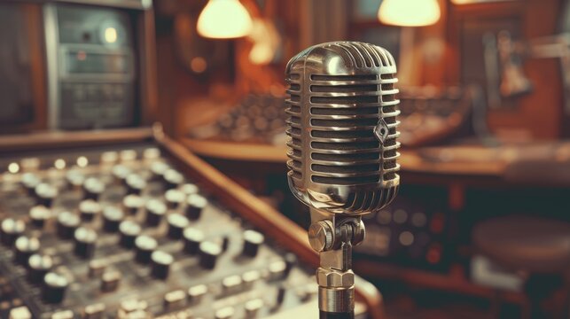 A vintage microphone standing in front of an audio mixing console in a dimly lit recording studio with warm lights creating a cozy ambiance.