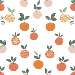 Obraz premium Cute simple vector of apples, oranges and herbs in a repeating pattern on a white background