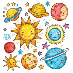 Colorful hand drawn solar system planets and stars kids clip art set on white background