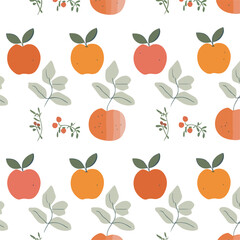 Obraz premium Cute simple vector of apples, oranges and herbs in a repeating pattern on a white background