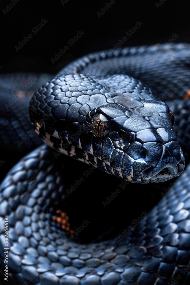 Poster a close-up image of a snake's head on a black background, suitable for use in science, nature, or wi