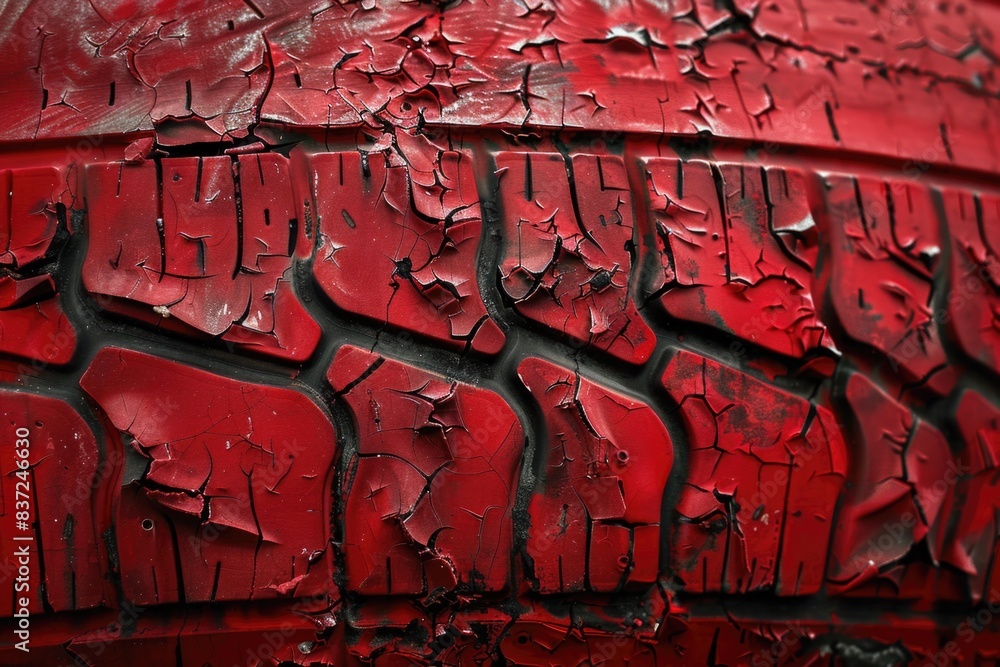 Poster a close-up of a tire covered in red paint, often used as a symbol of warning or caution