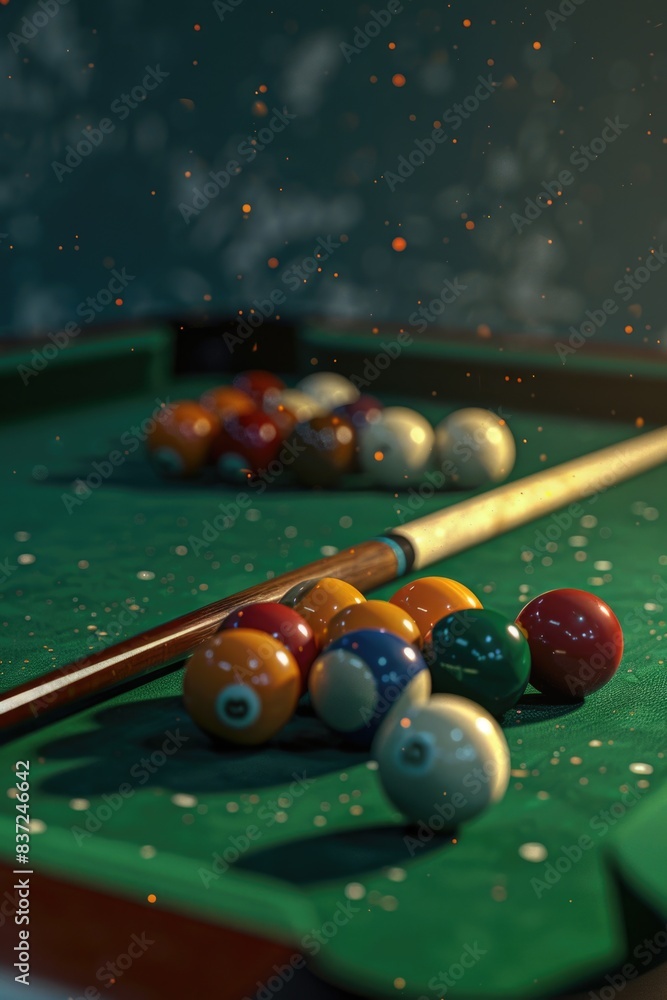 Poster a pool table with balls and cues ready for play