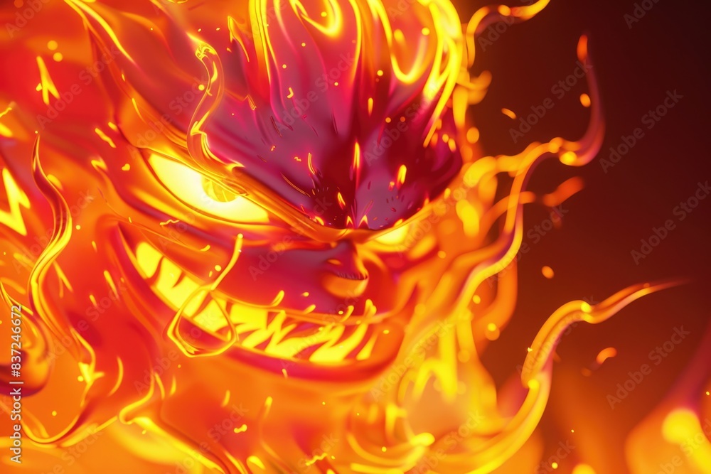 Poster a close-up shot of a fiery demon's face with sharp teeth and glowing eyes