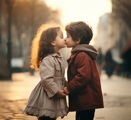 Fototapeta premium Little boy kiss small girl friend. portrait children kissing, boy, girl. Family love and trust
