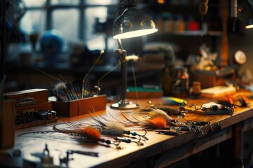 Naklejka premium A picture of a workbench with a variety of tools and equipment