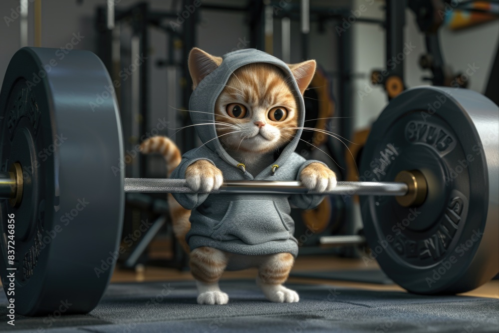 Poster a cat lifting a barbell in a fitness setting, perfect for exercise and physical activity concepts