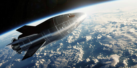 A spaceship orbits Earth, its sleek silver surface reflecting light