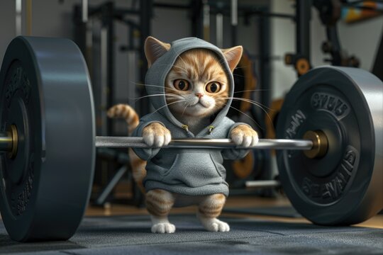 A cat lifting a barbell in a fitness setting, perfect for exercise and physical activity concepts
