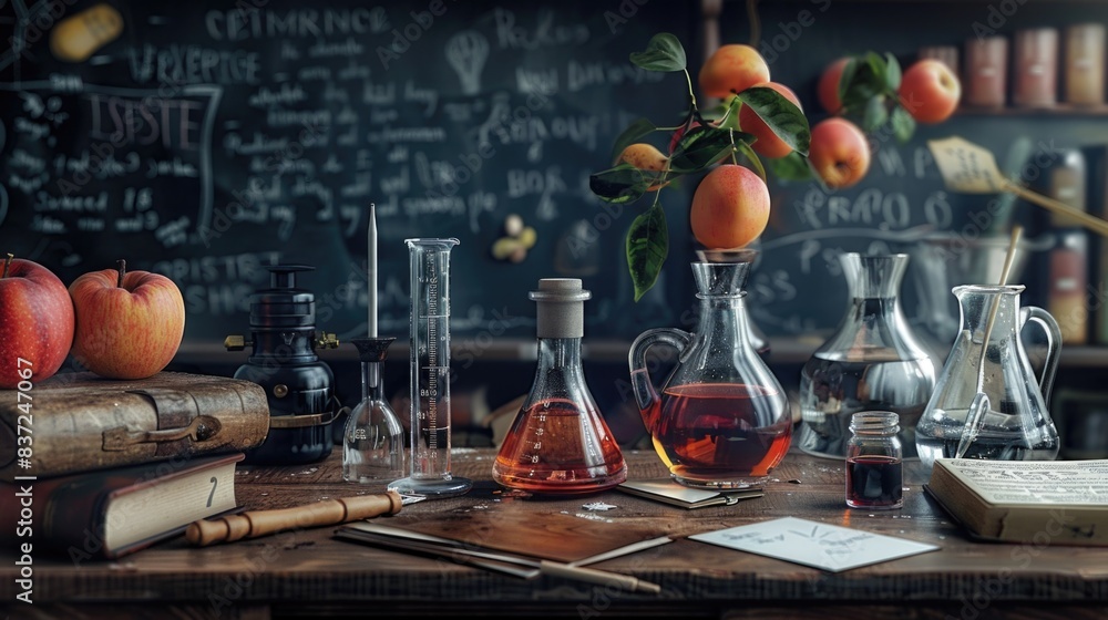 Poster a wooden table with various bottles filled with liquids, suitable for use in illustrations about che