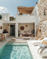 a tiny beach house on a tropical beach. Modern Brazilian style. modern style white. Light wood ::1 . Boho chic. Mini swimming pool. Turquoise sea. Elle Decor style. Beautiful sunny day. ::1 --ar 4:5 -