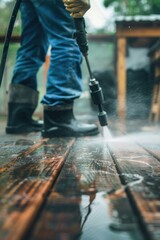 A person applying pressure to a wooden deck