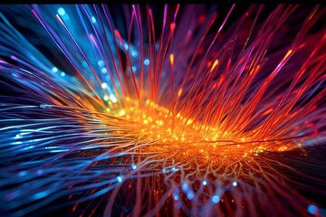 Fototapeta premium Intricate Web of Fiber Optic Cables Transmitting Data Signals