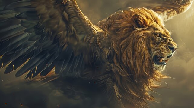 Dynamic half lion, half eagle illustration, showcasing the hybrid creature's strength and majesty. Ideal for visuals related to mythology and fantasy art