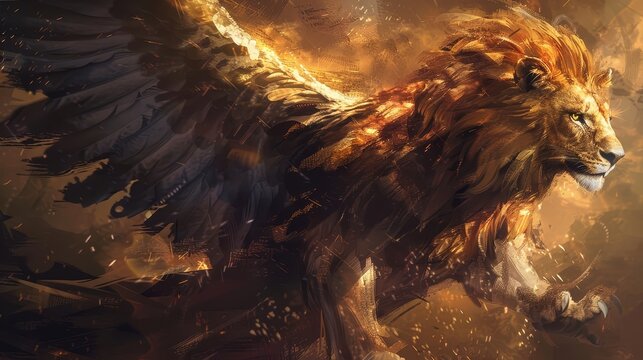 Dynamic half lion, half eagle illustration, showcasing the hybrid creature's strength and majesty. Ideal for visuals related to mythology and fantasy art