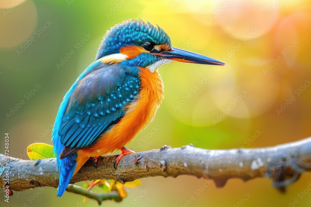 Poster colorful bird sitting on a tree branch, surrounded by leaves and branches