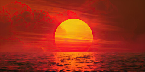 A vibrant red sun dips below the horizon, casting a warm hue across the sky