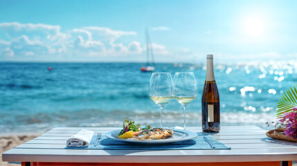 Elegant table setting on a idyllic beach. Lunch with sea view in luxury hotel. Summer vacation concept.